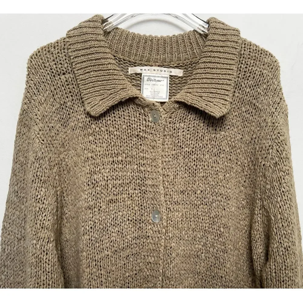 Vintage 90s Max Studio Longline Tan Knitted Cardigan L - Picture 4 of 8